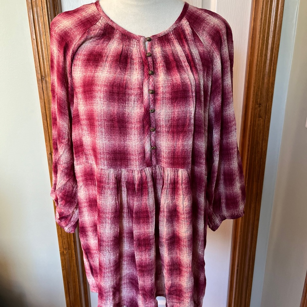 Size large women’s Maeve blouse burgundy and tan plaid long mid length s…
